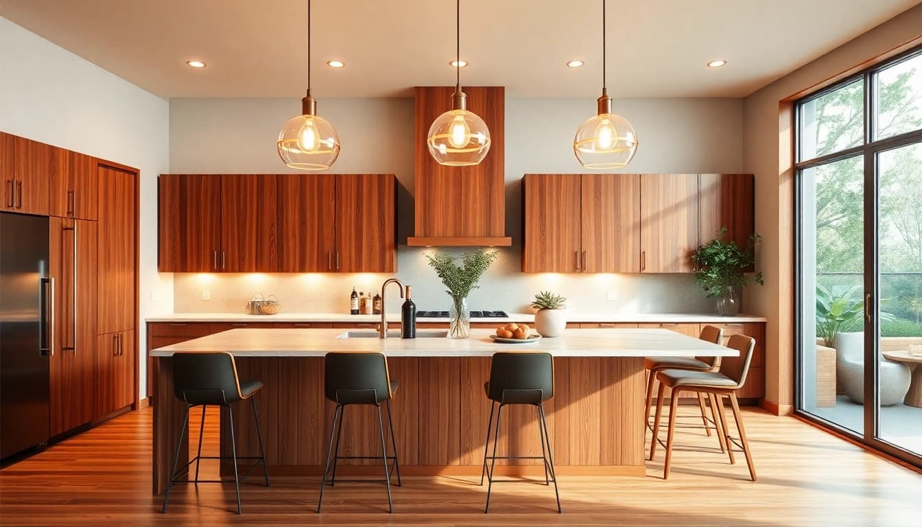 Enhance your home's charm with beautiful island lighting in a modern kitchen setting.
