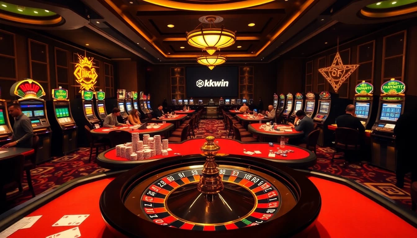 kkwin casino scene with poker tables, vibrant chips, and an exciting atmosphere.