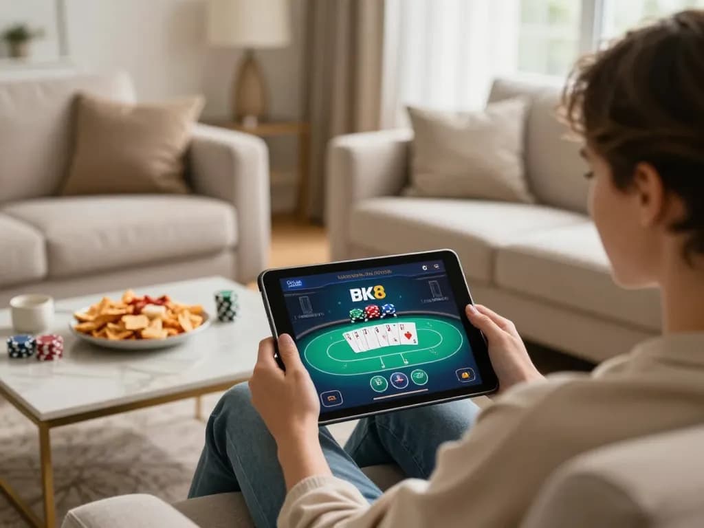 Engaging in an online poker game on BK8 using a tablet in a cozy home setting
