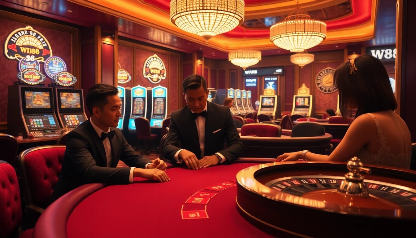 Engaging players at a high-stakes W88 poker table in a luxurious casino setting