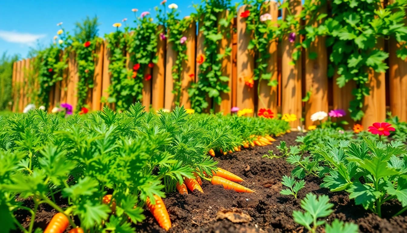 Gardening in a lush vegetable garden filled with vibrant blooms and healthy plants.