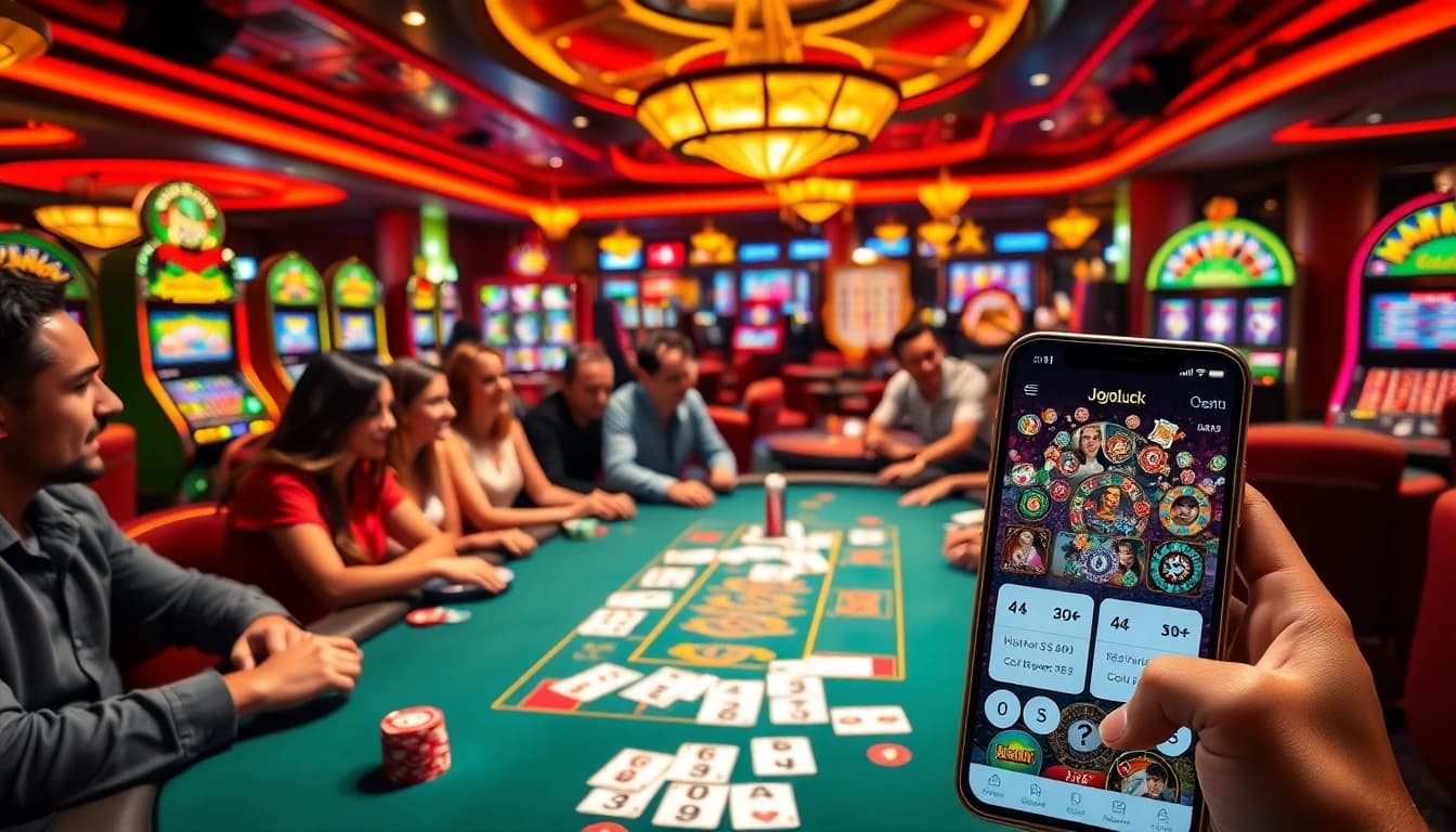 Players enjoying a vibrant casino experience at Jogoluck with poker chips and tables.