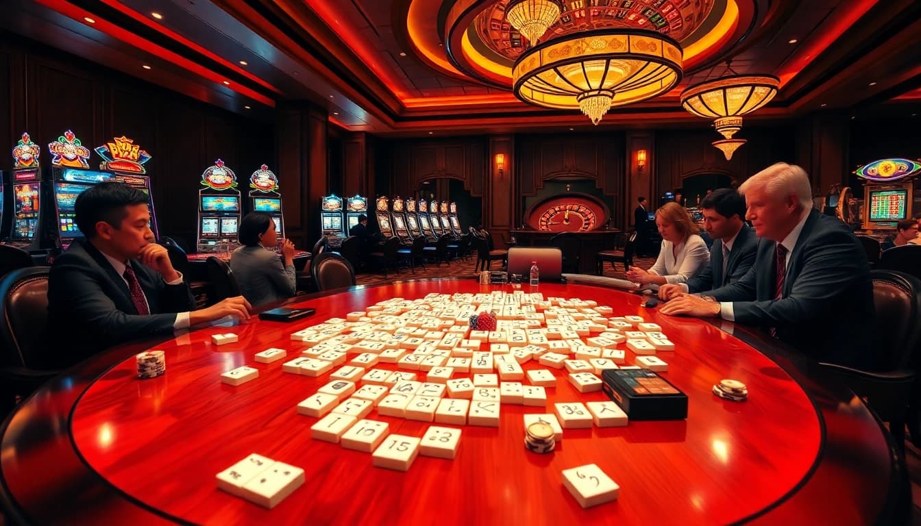 Players enjoy link mahjong in a vibrant casino setting, highlighting luxury and excitement.