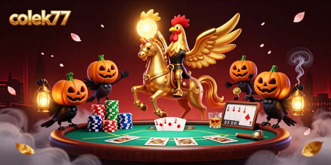 Experience colek77 excitement with a golden rooster in a vibrant casino scene featuring poker elements.