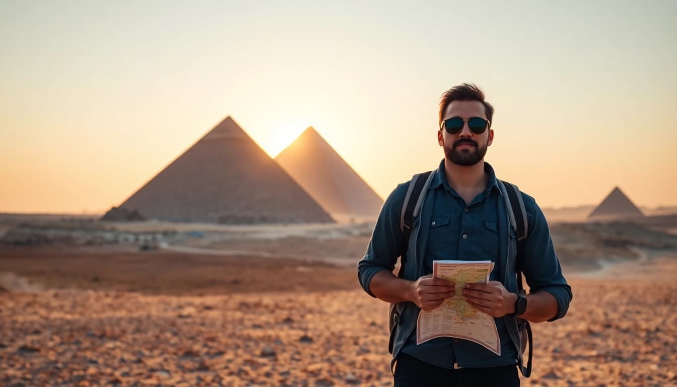 Witness a tourist experiencing the iconic Great Pyramids of Giza at https://emegypt.net during sunset.
