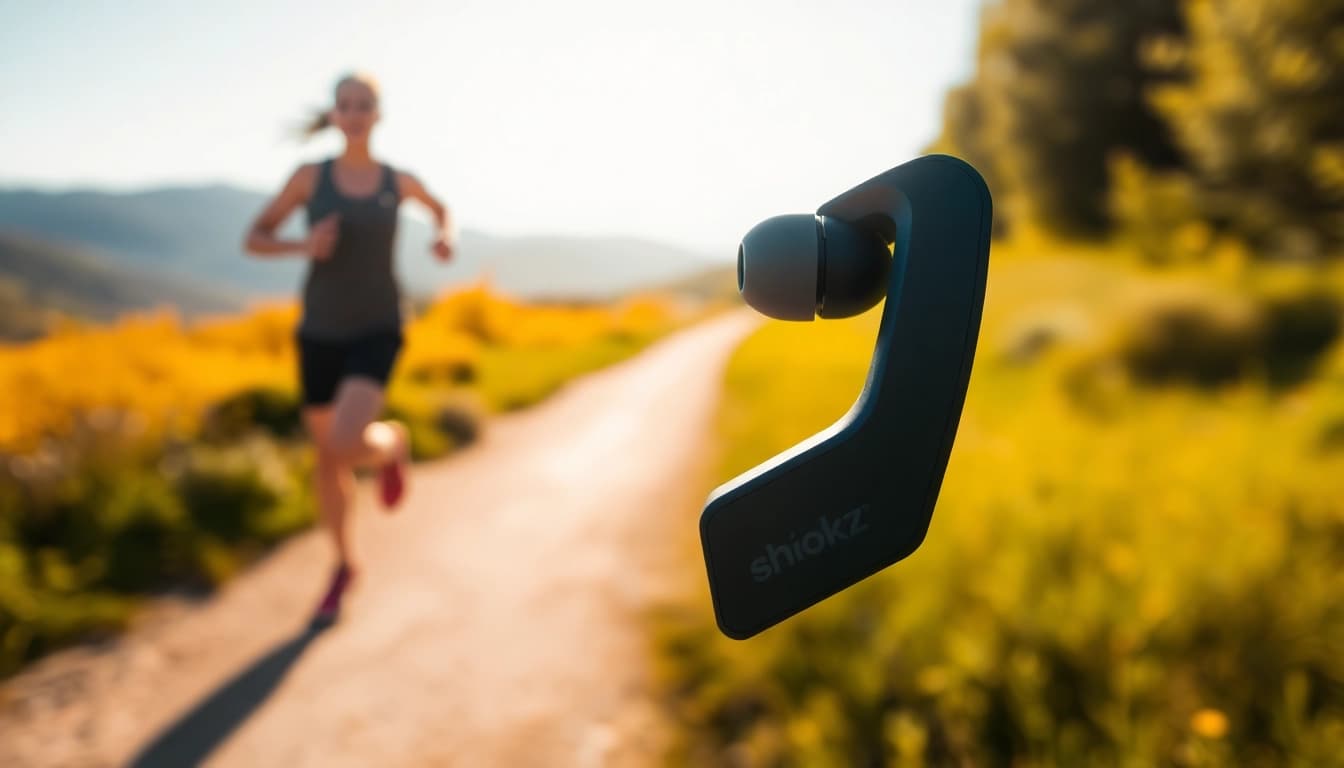 Shokz bone conduction headphones showcased in an outdoor workout setting.