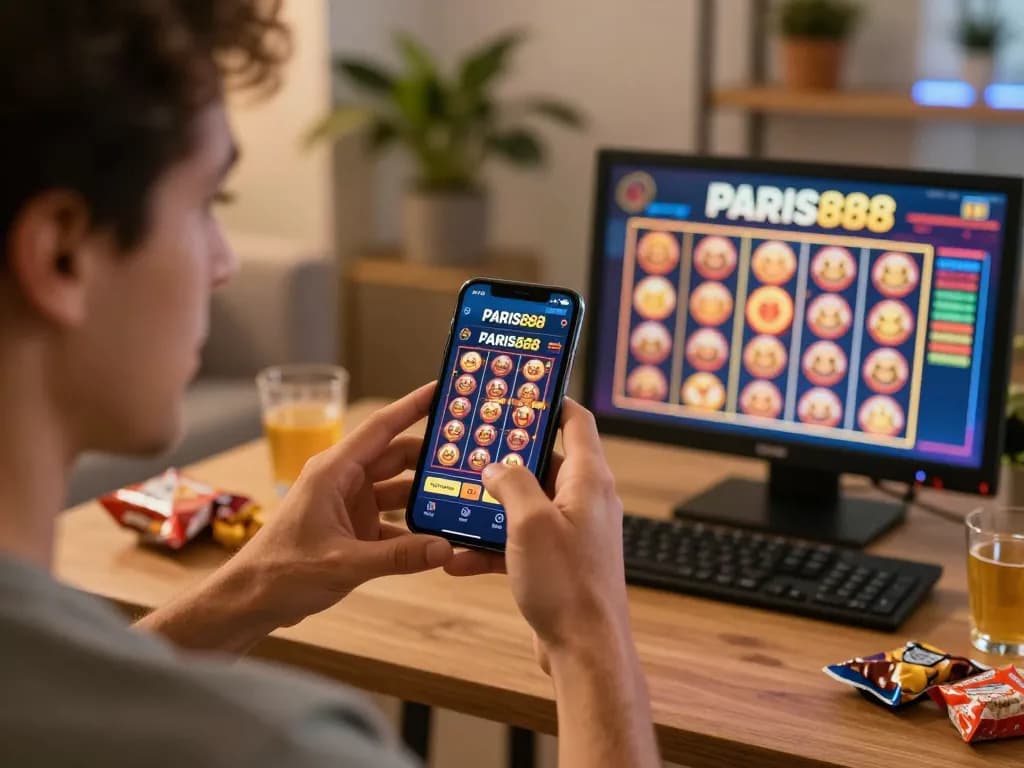 Engaging gameplay on paris888 online casino app showing spinning slots on smartphone screen.