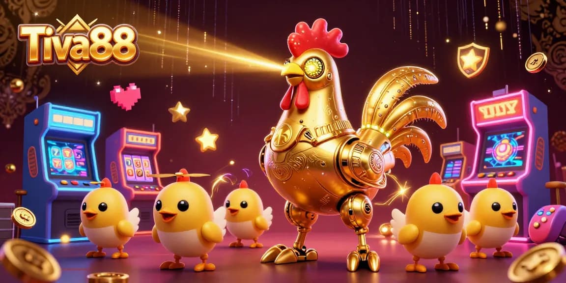 Tiva88 offers exciting gameplay with a golden rooster robot and baby chick drones in a vibrant casino setting.