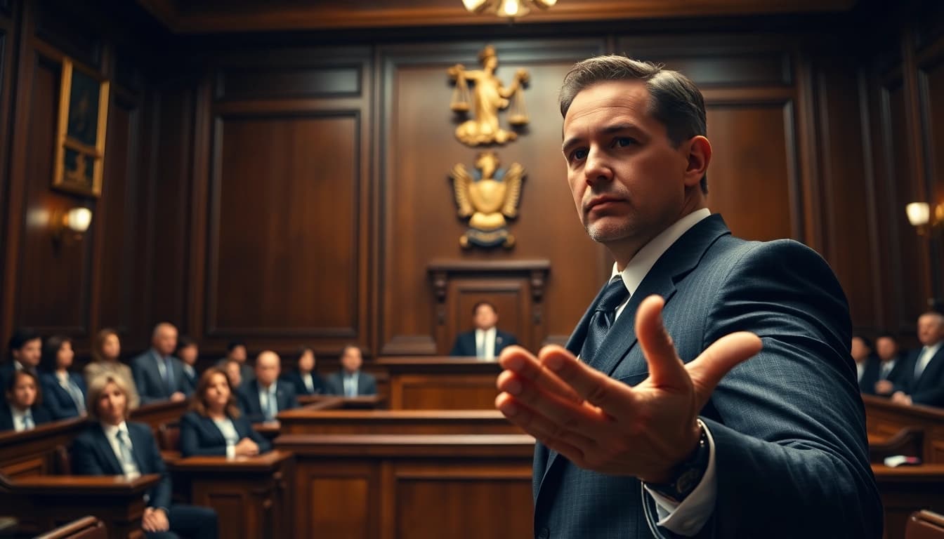 Engaging courtroom scene showcasing https://www.ihavealawsuit.com expert lawyer presenting a case to the judge.