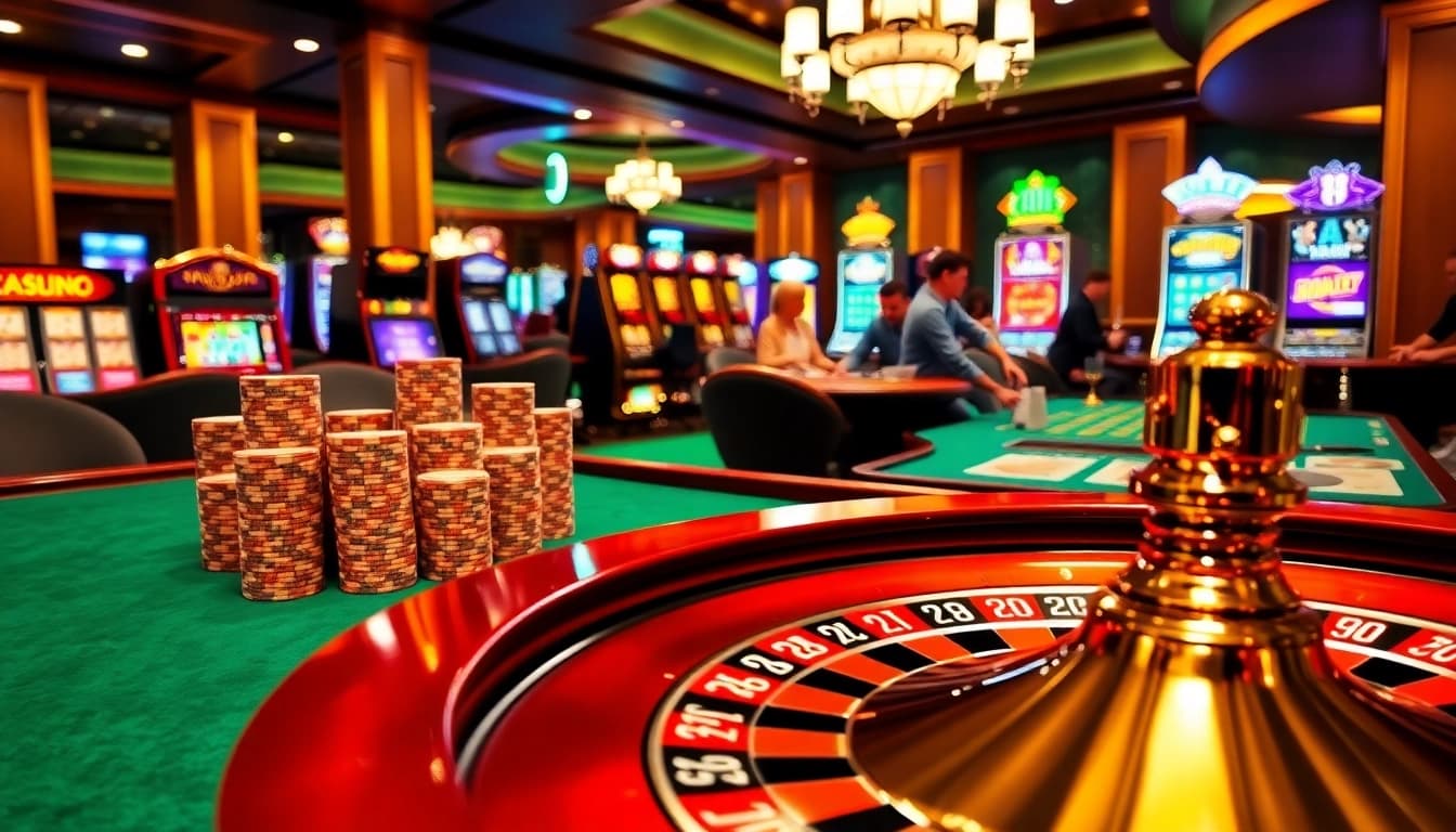 Experience luxurious gaming action at https://f168info.com/ with vibrant casino tables, poker chips, and roulette excitement.