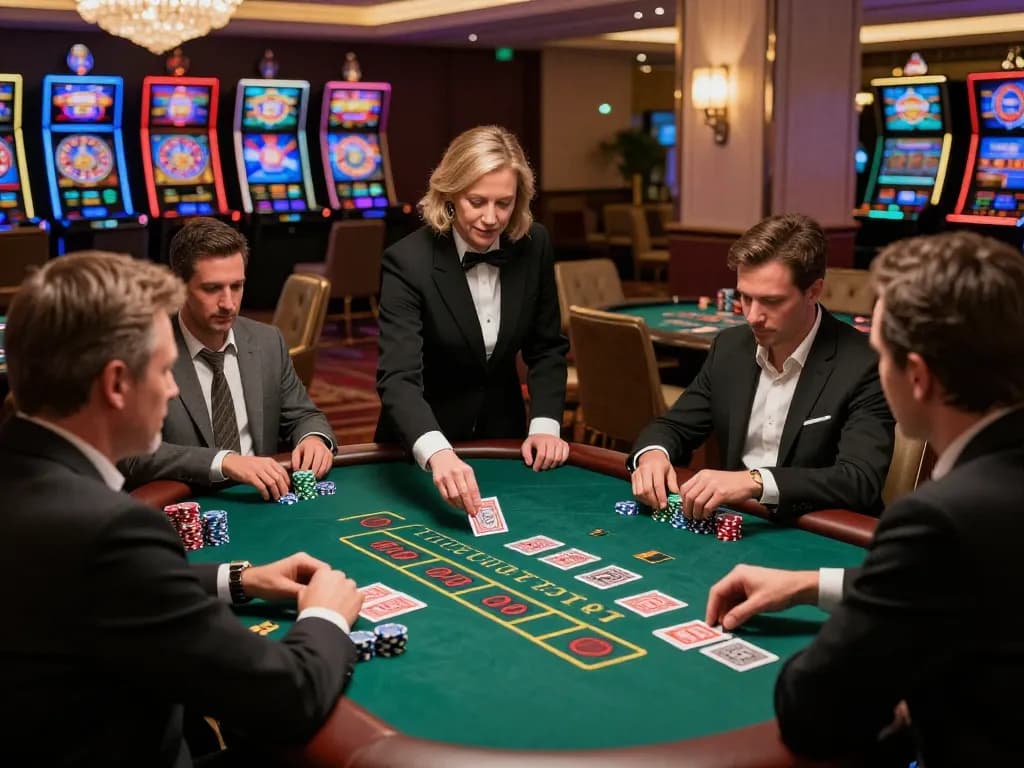 Experience intense blackjack gameplay at fabet, showcasing players and dealer in an upscale casino.