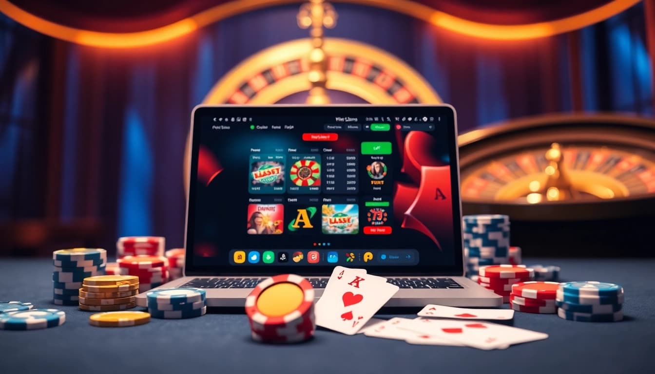Découvrez l'excitation du casino en ligne avec des visuels éclatants de machines à sous et de jetons de poker.