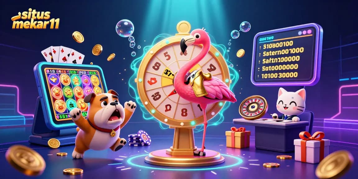 Situs mekar11 showcases vibrant gambling excitement with animated characters and energizing game elements in a dynamic casino scene.