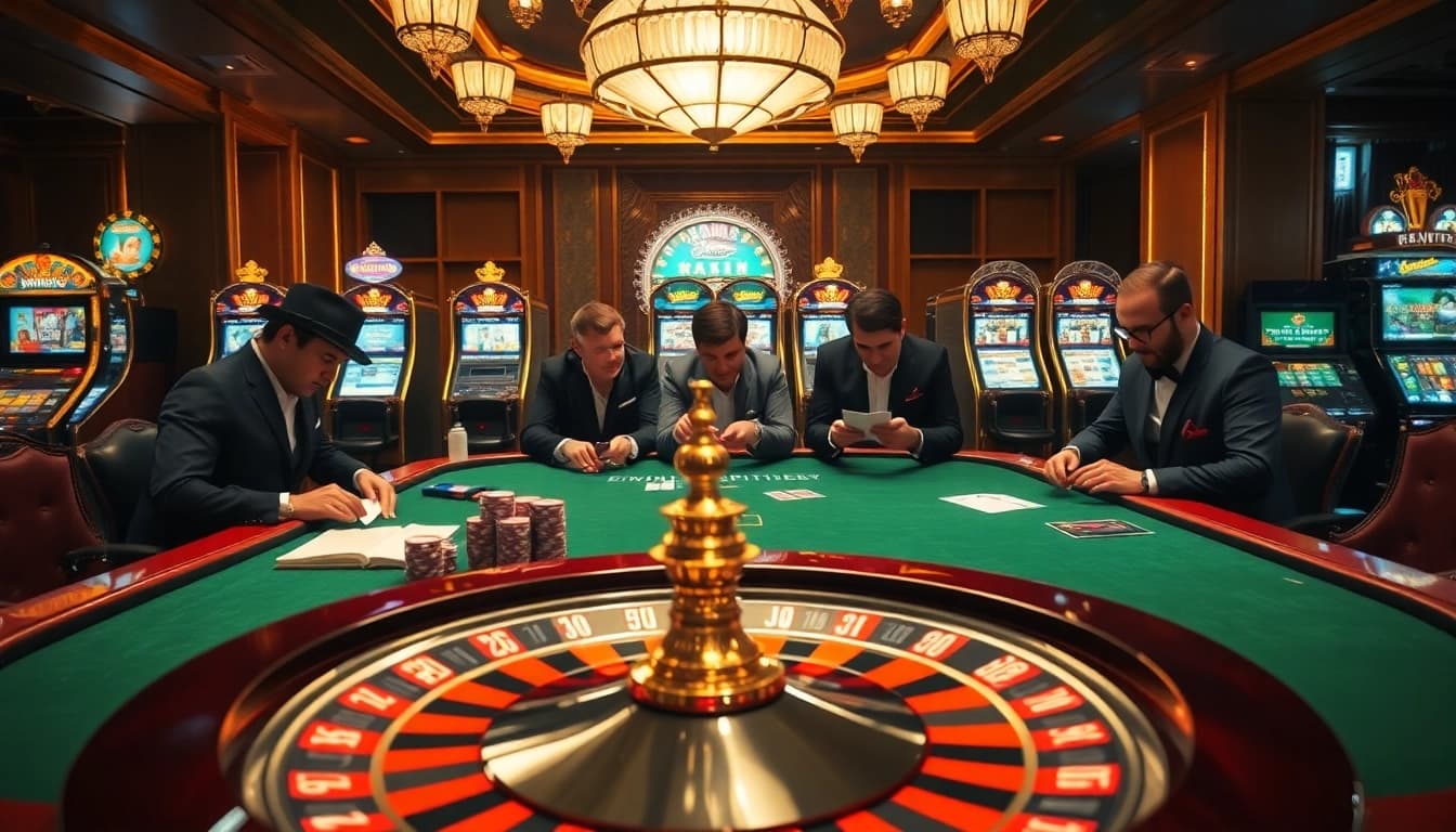 S88 gaming experience at a luxury casino with poker, roulette, and vibrant slot machines.