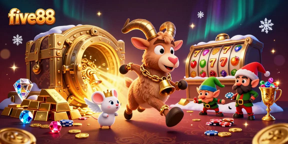 Experience the thrilling action at five88 with a festive casino scene featuring a Krampus goat and mischievous elves.