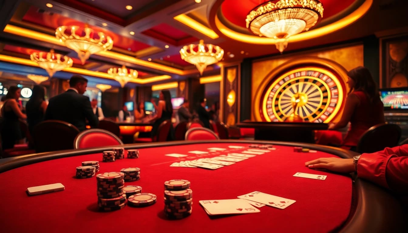 KJC gaming excitement at a luxurious casino table with poker chips and cards.