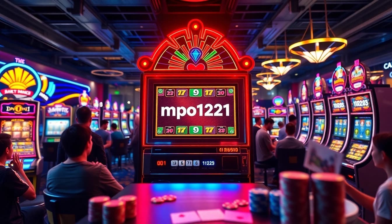 Fokus pada mpo1221 dengan mesin slot berwarna-warni di lingkungan kasino yang ramai