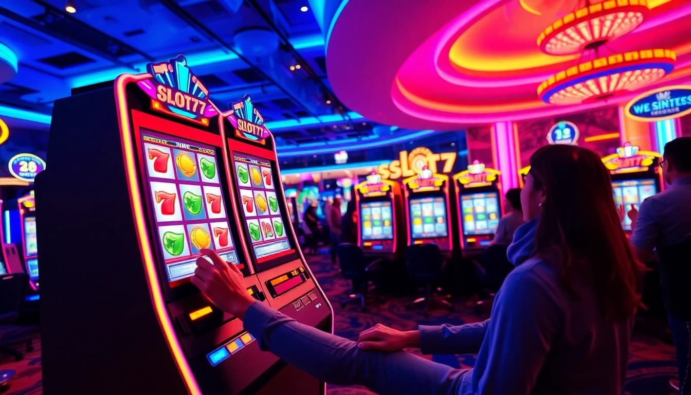 Slot77 mesin slot yang memikat dengan pemain yang terlibat dalam suasana kasino yang meriah.