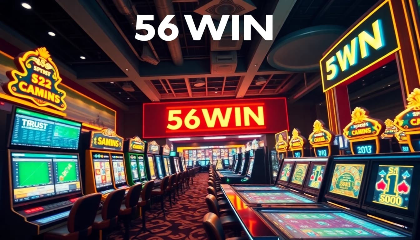 Dynamic online gambling scene featuring 56WIN gaming options, sports betting, and vibrant casino ambiance.