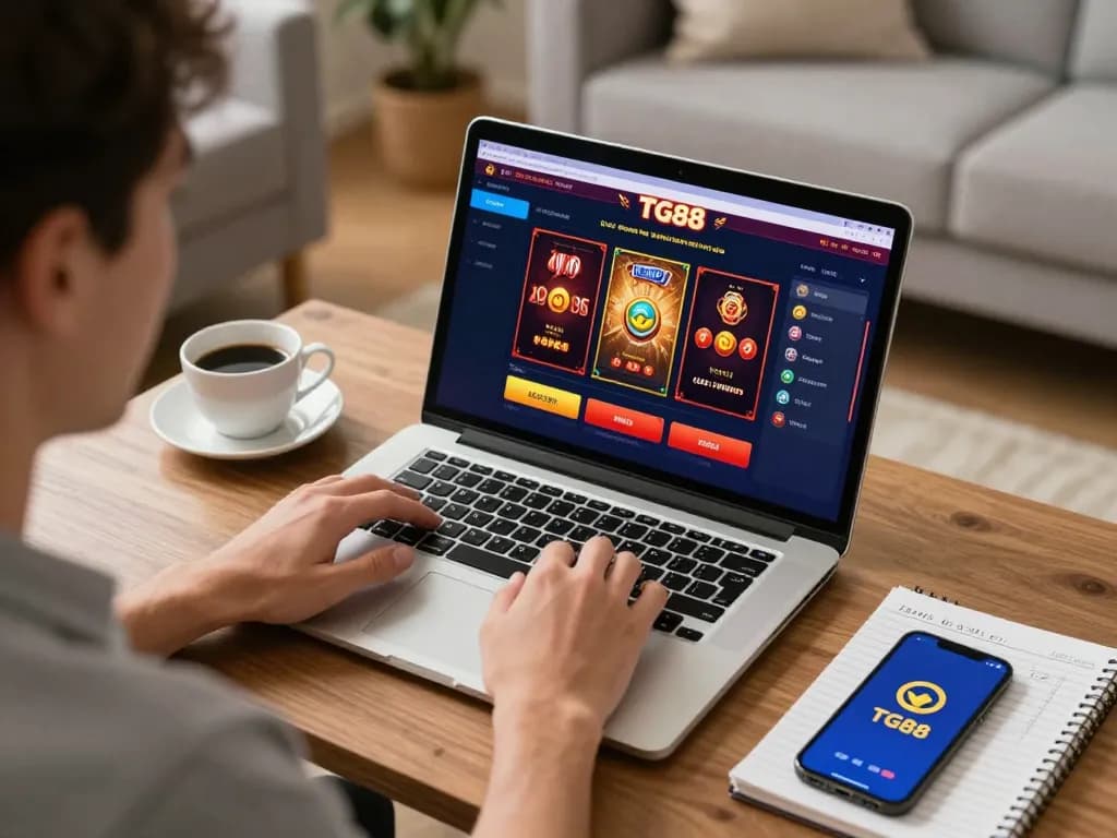 TG88 online gaming scene with player actively betting on vibrant casino app in a cozy home setting