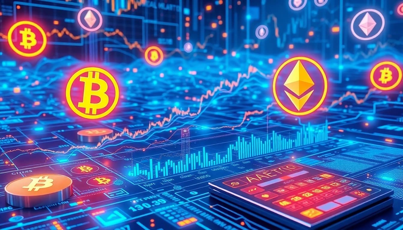 Kalkulator zintegrowany z żywą siecią kryptowalut, przedstawiający wykresy handlowe i portfele cyfrowe.