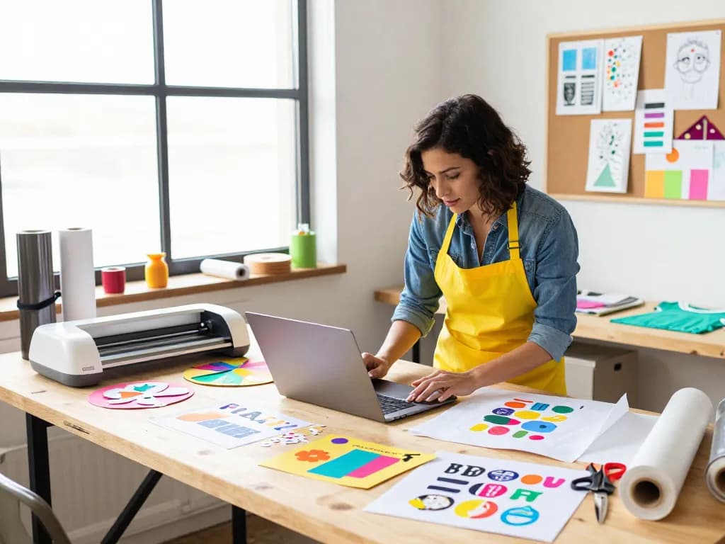 Creating SVG for Cricut designs in a vibrant home workshop.