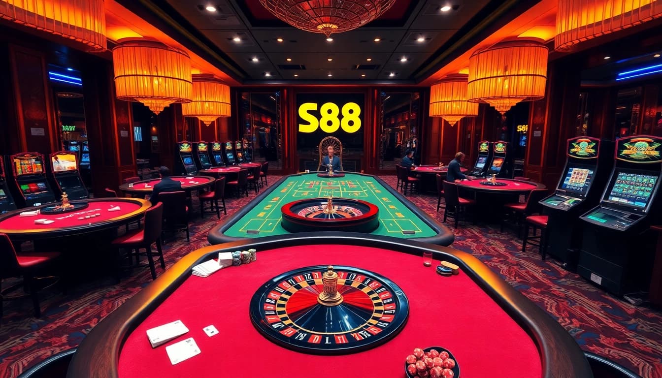 S88 VIP online casino tables filled with vibrant poker chips and players enjoying card games.