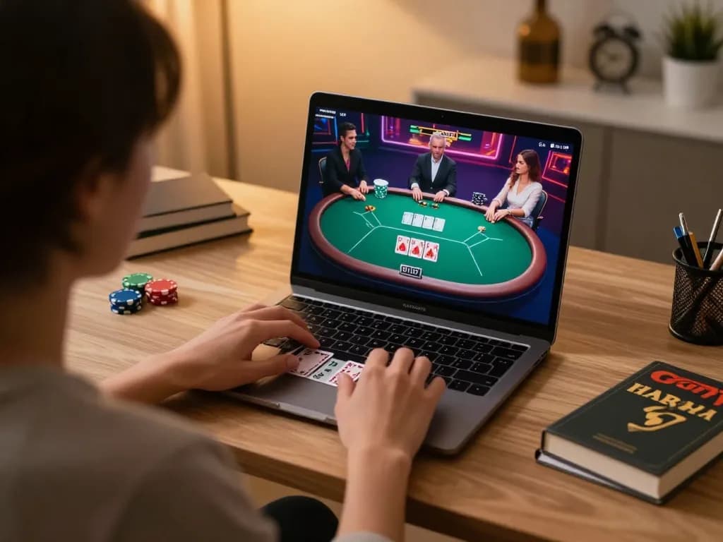 Player engaging in a strategic poker game online with gori77, highlighting a dynamic and inviting home gaming atmosphere.