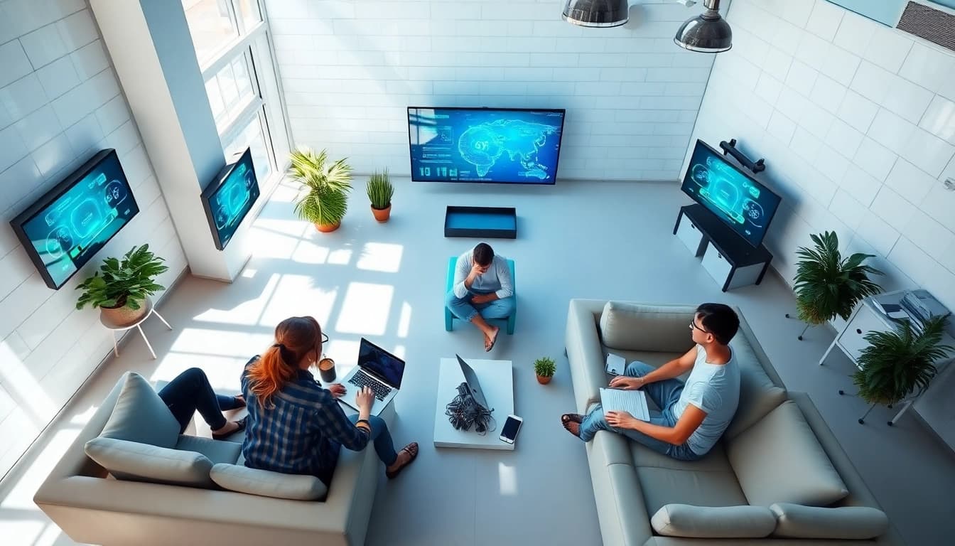 Team using ai tools to collaborate effectively in a bright, modern workspace.