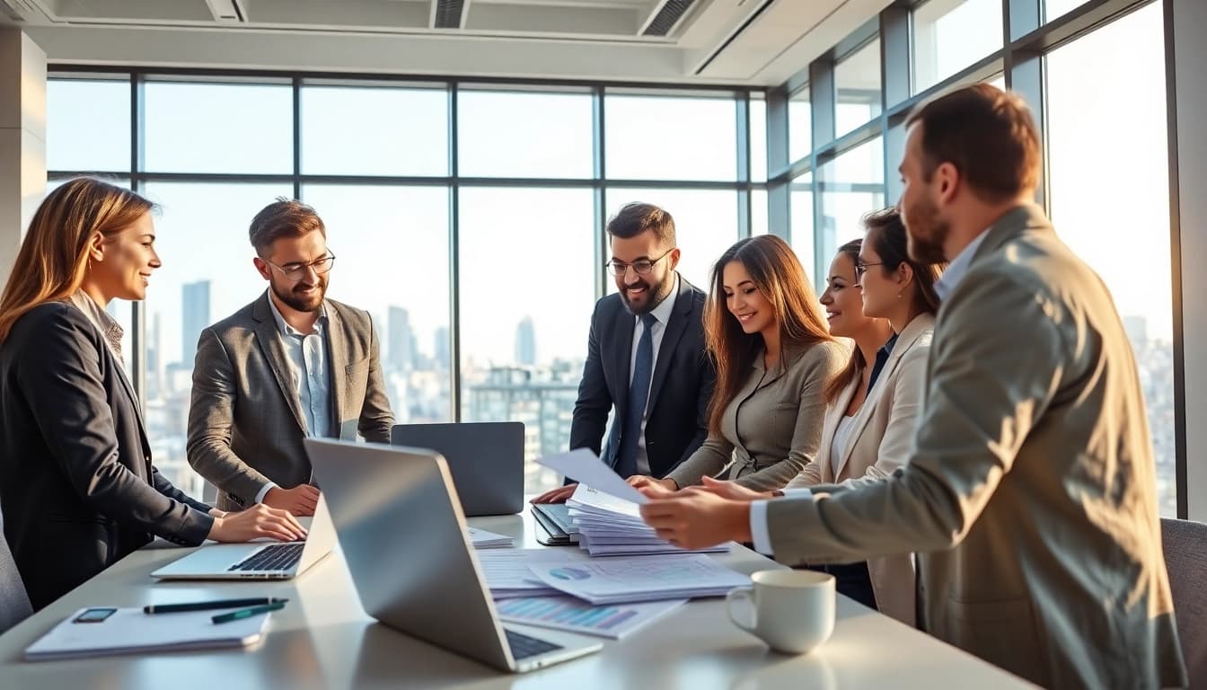 Business team collaborating in a modern office with engaging visuals and bright atmosphere.