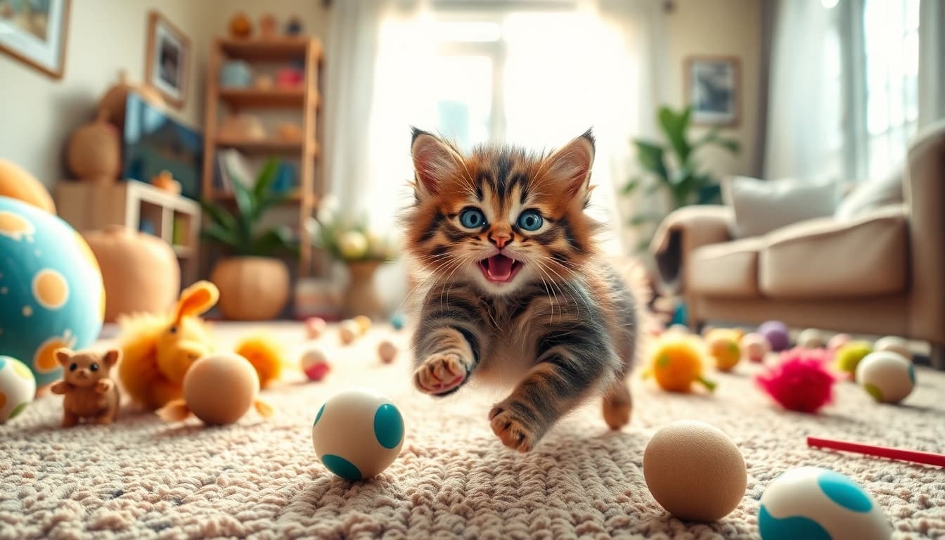 Petani toto bermain dengan kucing lucu di ruang tamu yang cerah.