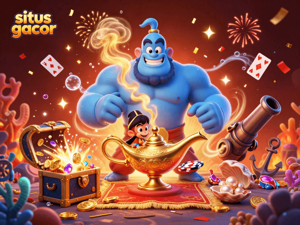 Situs gacor presents a vivid illustration with a genie, monkey, and poker chips amid sparkling casino elements.