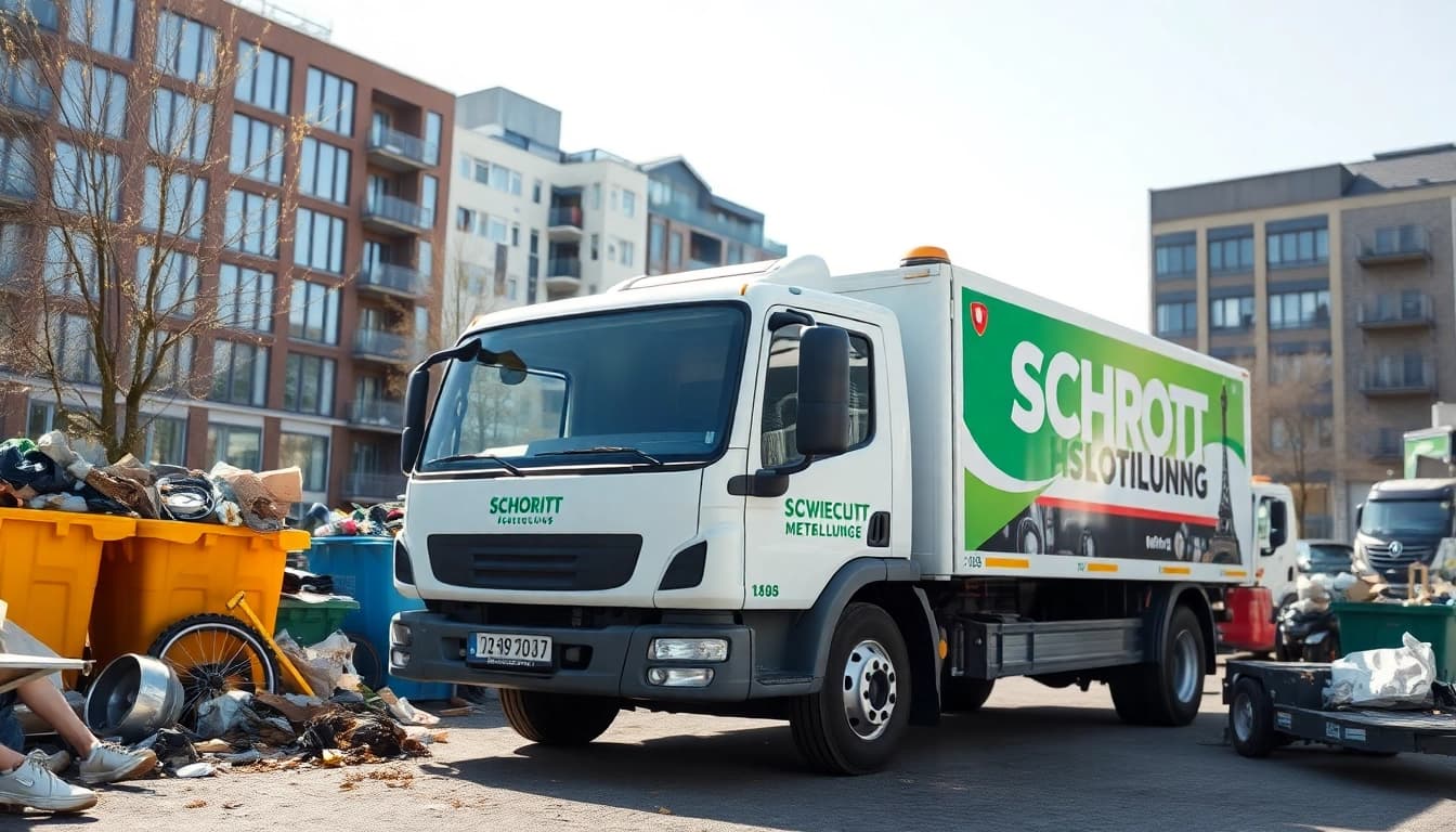 Professionelle Schrottabholung Düsseldorf - Fahrzeug holt Schrott vor städtischem Hintergrund ab.