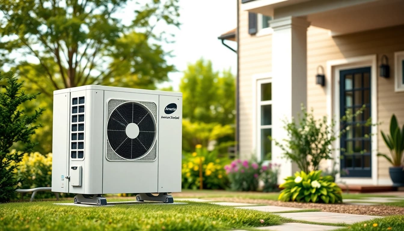Efficient american standard heat pumps showcased outside a beautiful residential home.