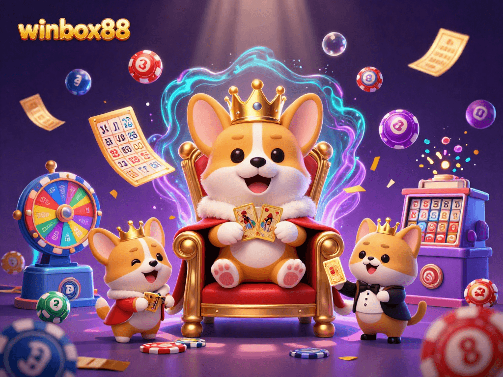 Experience thrilling excitement with winbox88's vibrant lottery and gaming scene featuring royal corgi and dynamic elements.