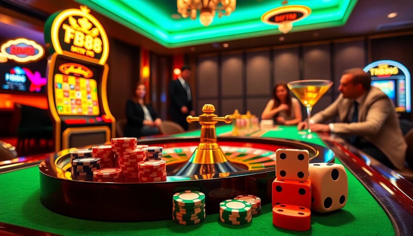 Experience the excitement of FB88 with vibrant slot machines and poker chips stacked high.