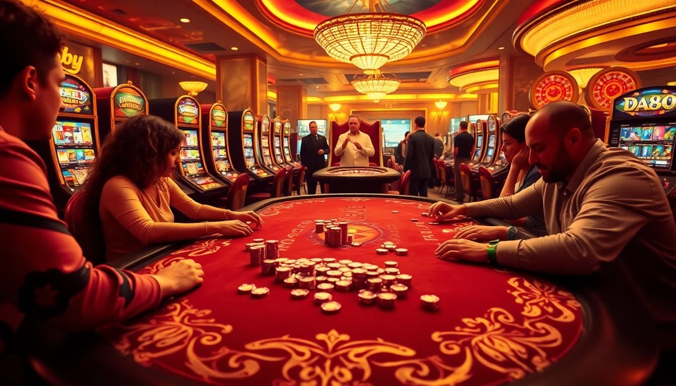 Exciting casino gameplay at DA88 featuring vibrant slot machines and poker chips.