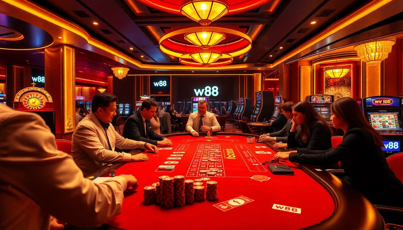 Experience thrilling moments at w88's luxurious casino, with professional dealers and vibrant gaming tables.