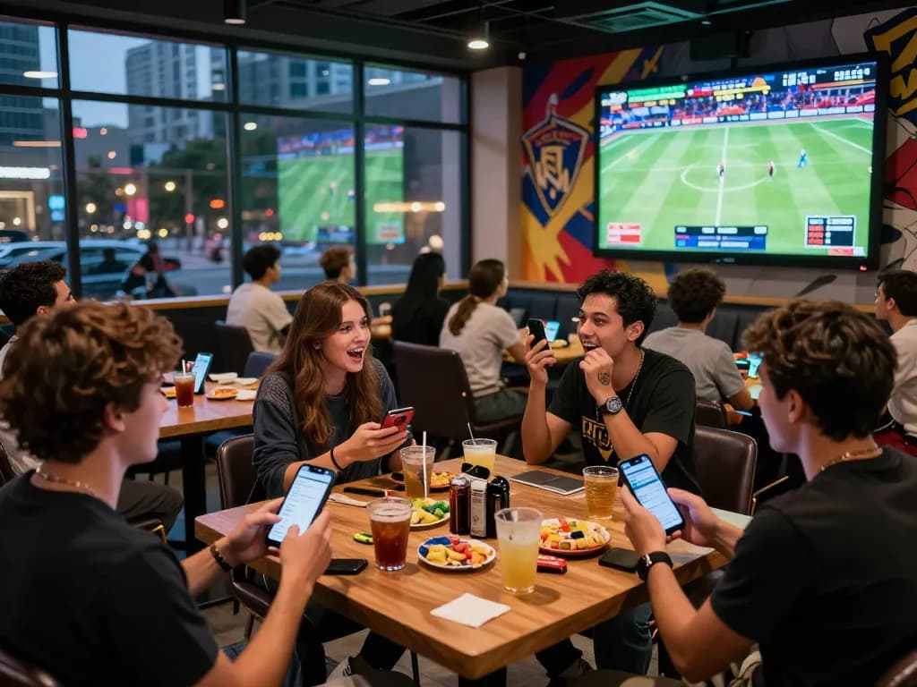 Active sports betting crowd at a gaming lounge enjoying games at https://bong99vn.win/ with mobile devices and excitement.