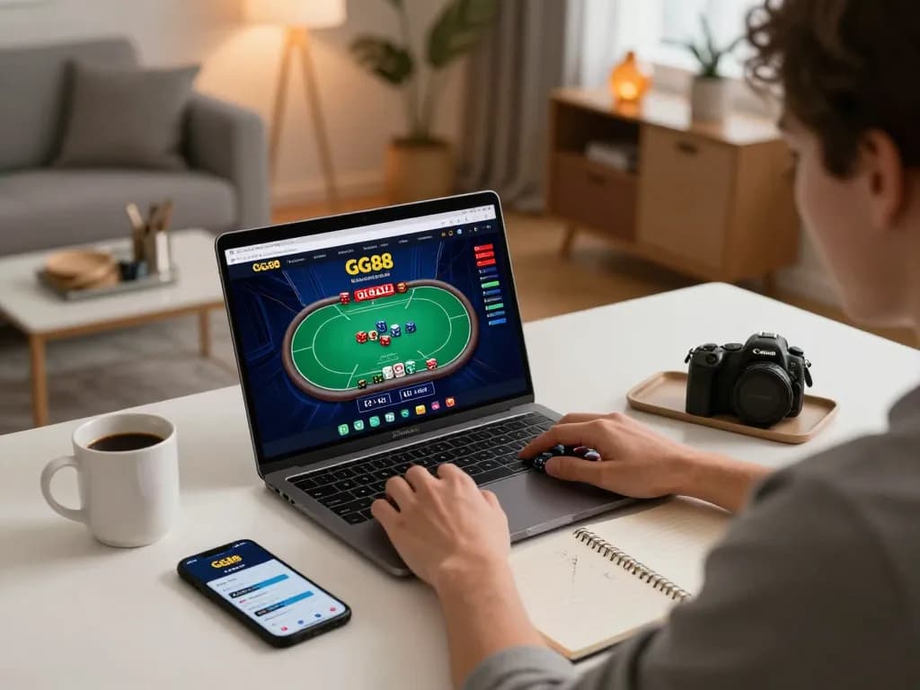 Engaging in online betting at GG88 with a cozy home setup, showcasing a laptop and smartphone.