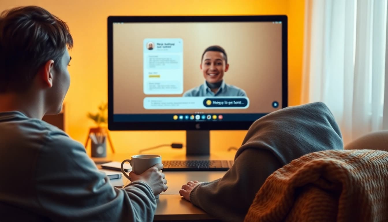 Engaging ai sex chat in a cozy home environment with a digital avatar.