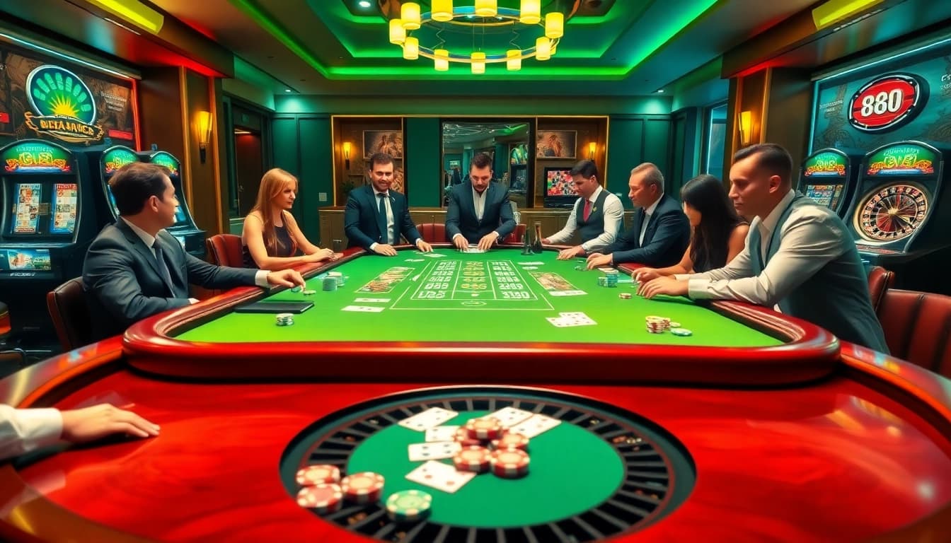 Players experiencing the thrill of poker with 88i-themed chips, creating a competitive casino atmosphere.