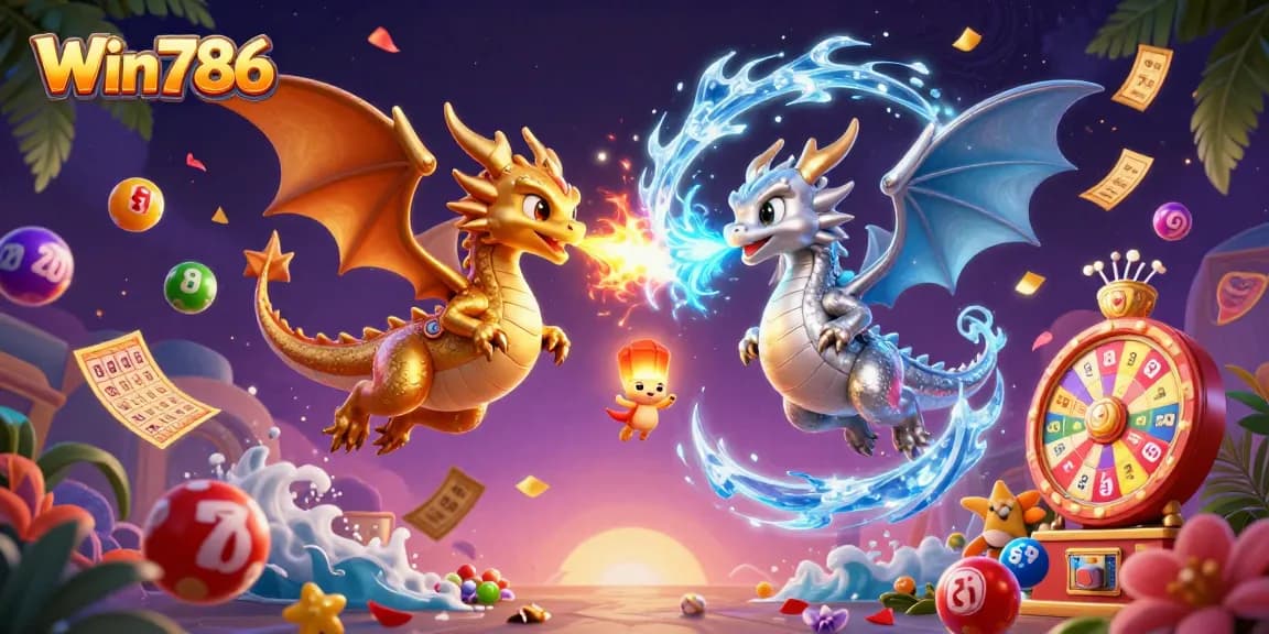 Unleash excitement with Win786's dynamic casino scene featuring gold and silver dragons amidst vibrant lottery elements.