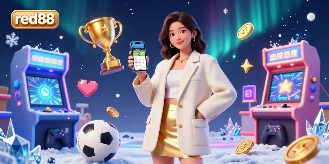 Bet on red88 with vibrant 3D sports elements and a friendly Asian woman showcasing a betting app.
