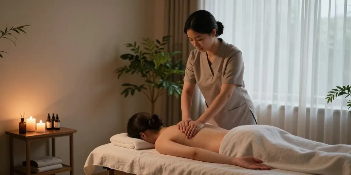 마사지 치료실에서 아로마 오일과 함께 편안하게 치료받는 모습