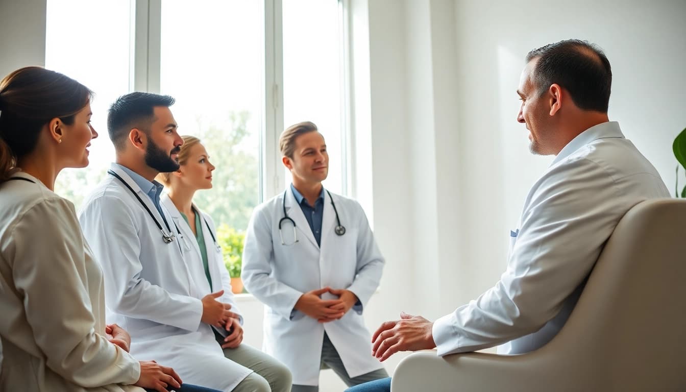 Consultation for a hair transplant london, showcasing professionals advising a patient in a modern clinic.