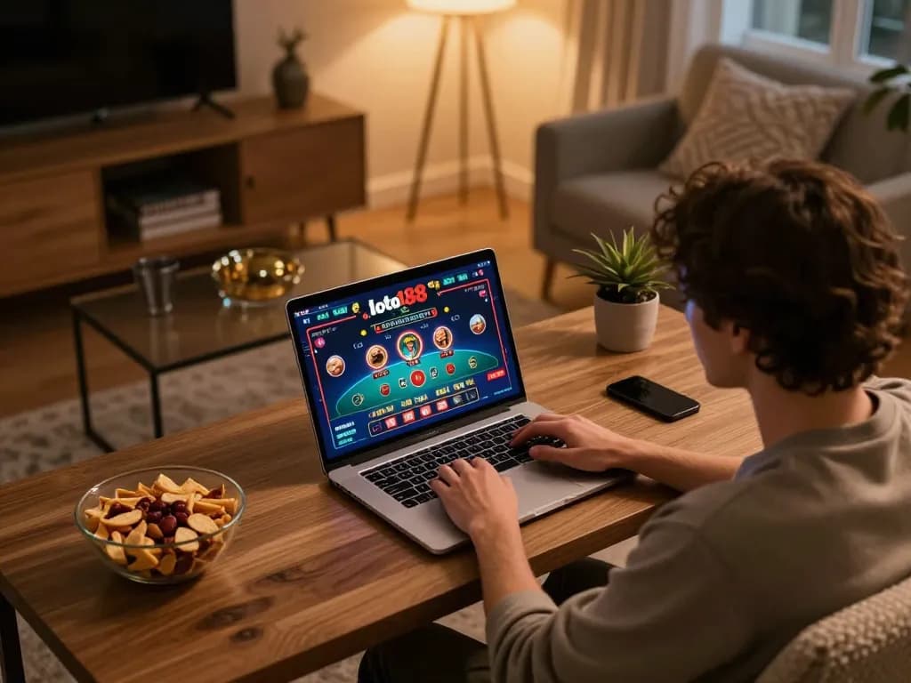 Engaging in loto188 online casino with a laptop, creating a cozy atmosphere for strategic gaming.