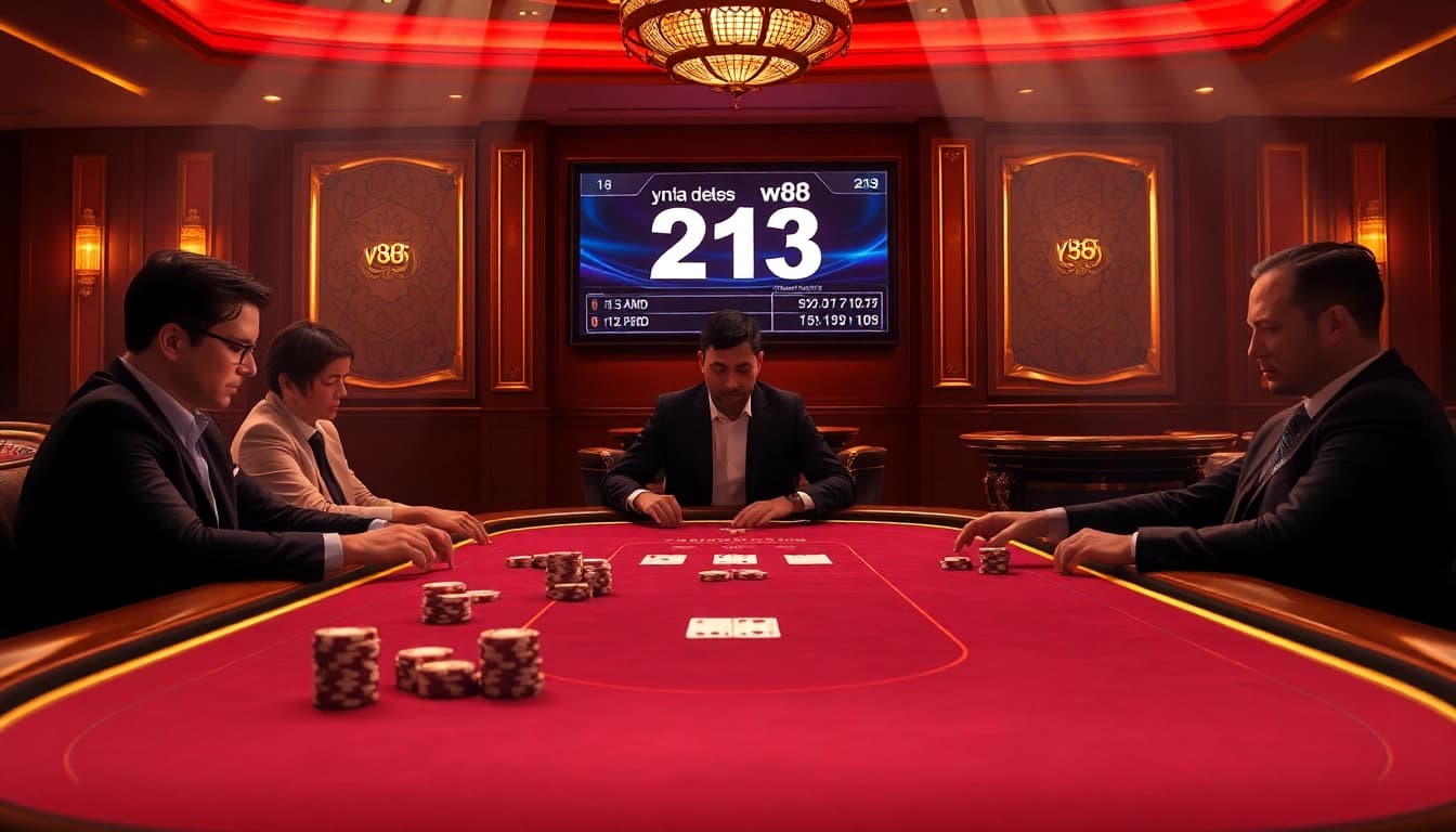 Experience the thrill of high-stakes poker with 'w88 213', featuring elegant players and premium casino ambiance.