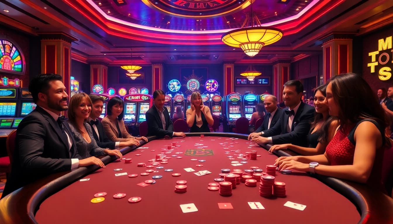 Pemain menikmati idn poker di meja kasino mewah yang dipenuhi chip dan kartu.