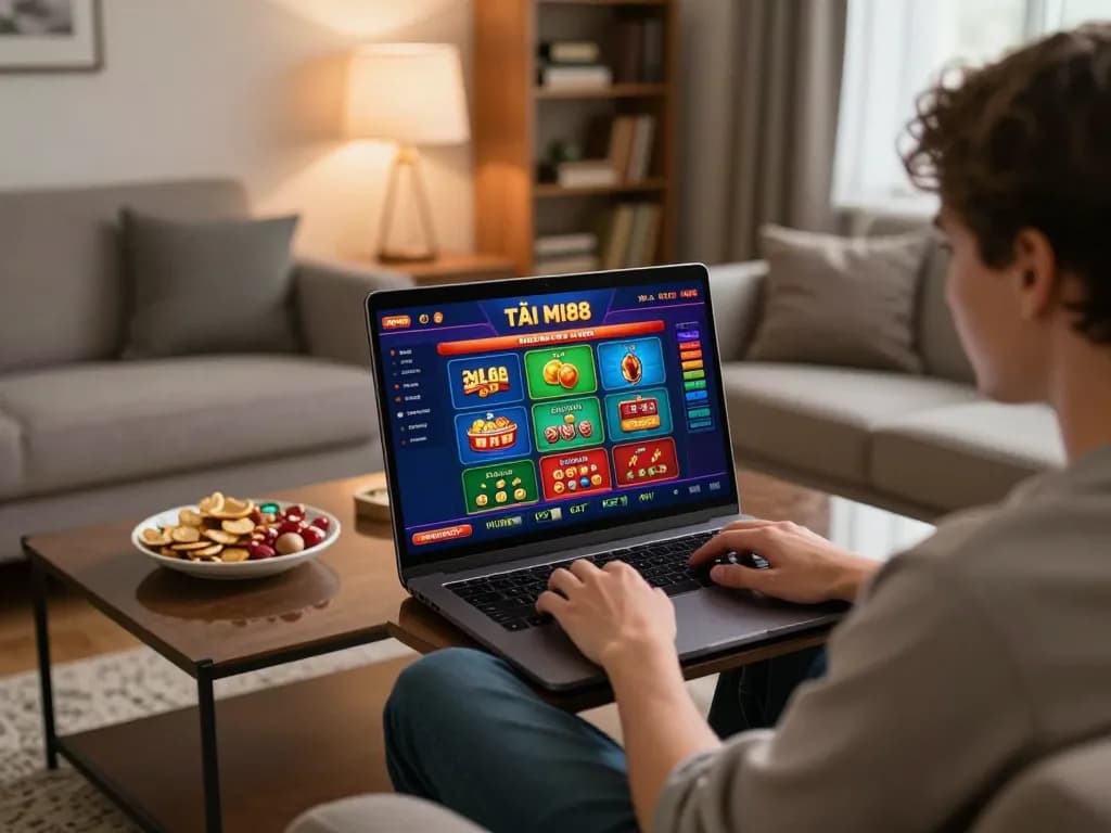 Engaged player TẢI MI88 on laptop in cozy living room for an exciting online casino experience